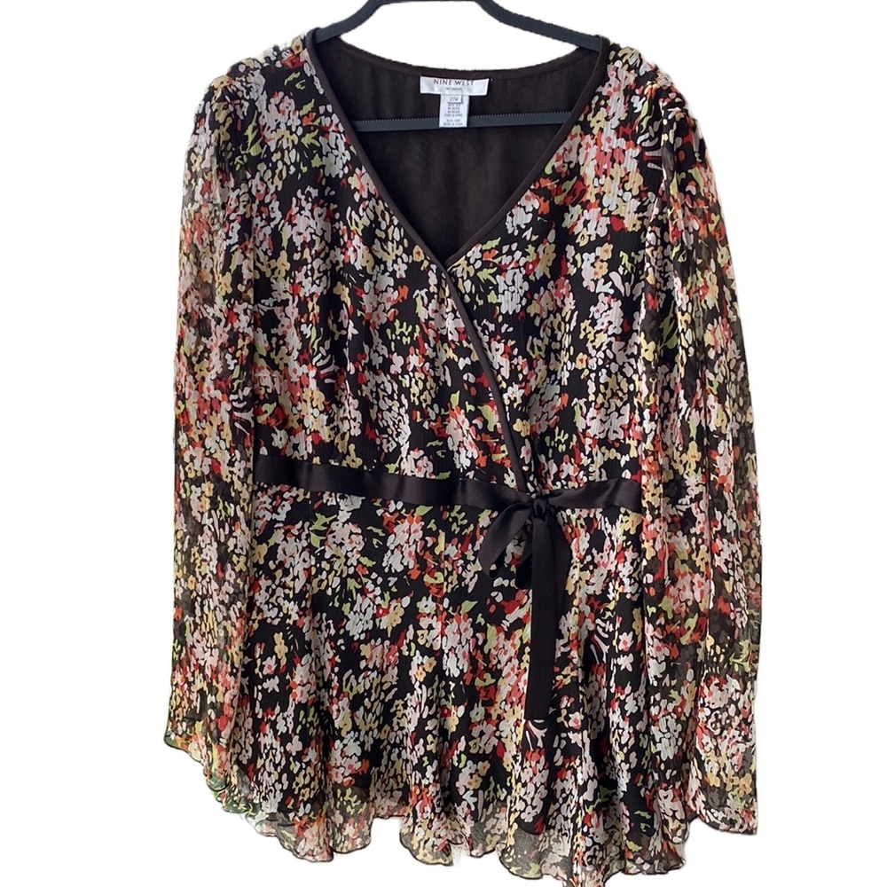 NWOT 🤎 Nine West Woman Silk Lined Silk Blouse, Ribbon Tie Choc Brown Floral 20W
